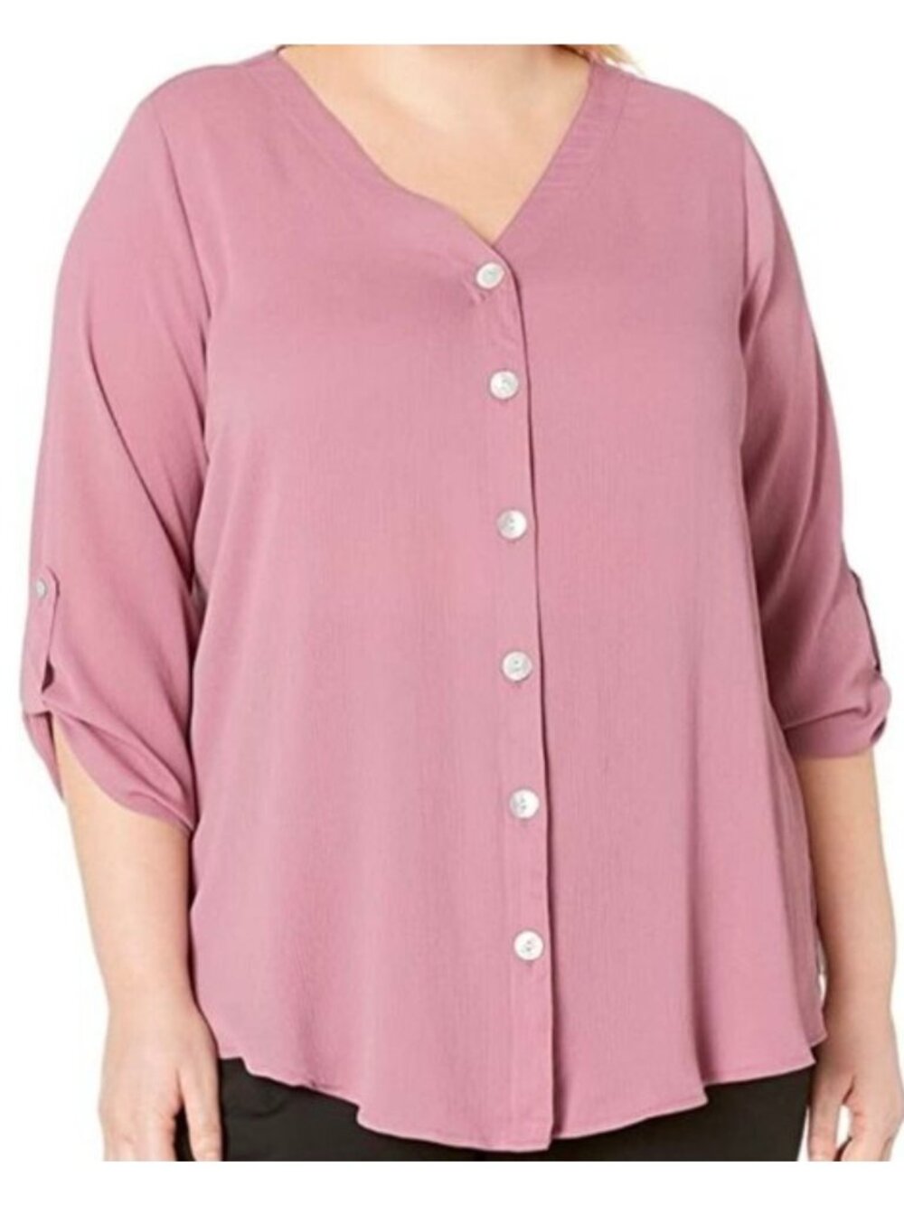 AGB Womens Dark Mauve Button-Front Blouse Size 2X With 3/4 Sleeves & Roll Tabs